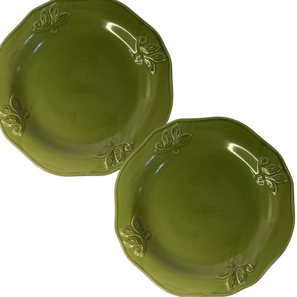Elegant Le Gourmet Chef Montauk Olive Green Leaf Ceramic Dinner Plates Set Of 2 - Picture 1 of 5